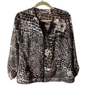 Chicos Sheer Zip Front Jacket Animal Print Geometric Black Tan White Size 1 S/M